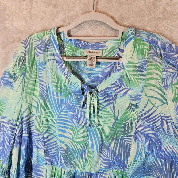 Catherines Blouse 1X Womens Bell Sleeve Top Blue Green Leaf Print Gauzy Peasant - Picture 7 of 14